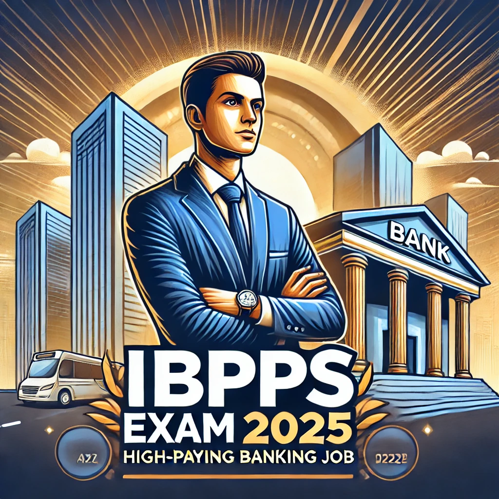 A professional thumbnail for IBPS Exam 2025 featuring a confident young professional in business attire standing in front of a modern bank. The image includes bold text highlighting 'IBPS Exam 2025' and 'High-Paying Banking Job' with a sleek financial district background in blue and gold tones, symbolizing career success and opportunity.